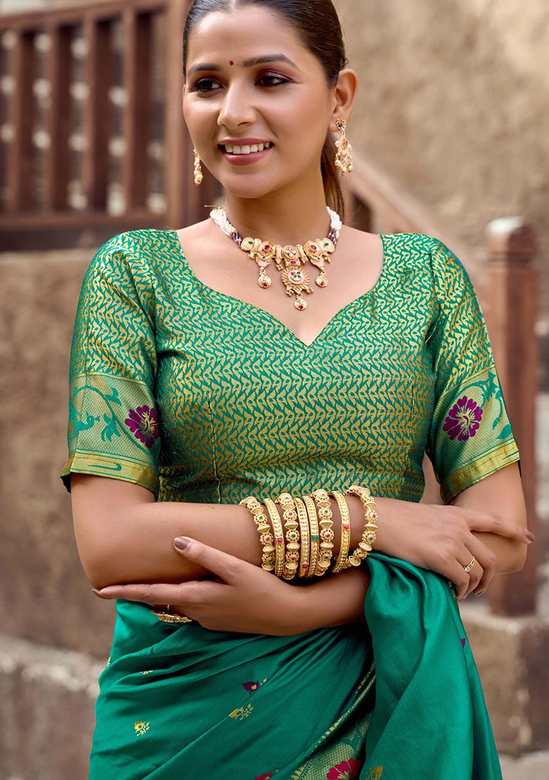 Green Motif Silk Saree Set - Indya