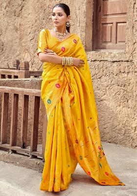 Mustard Motif Silk Saree Set