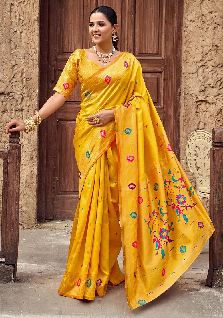 Mustard Motif Silk Saree Set - Indya