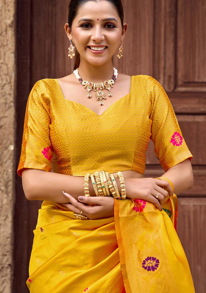 Mustard Motif Silk Saree Set - Indya