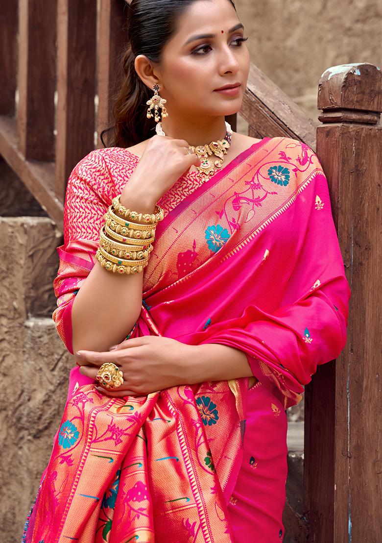Pink Motif Silk Saree Set - Indya