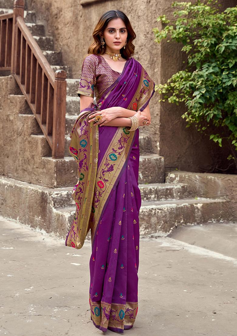 Purple Motif Silk Saree Set - Indya