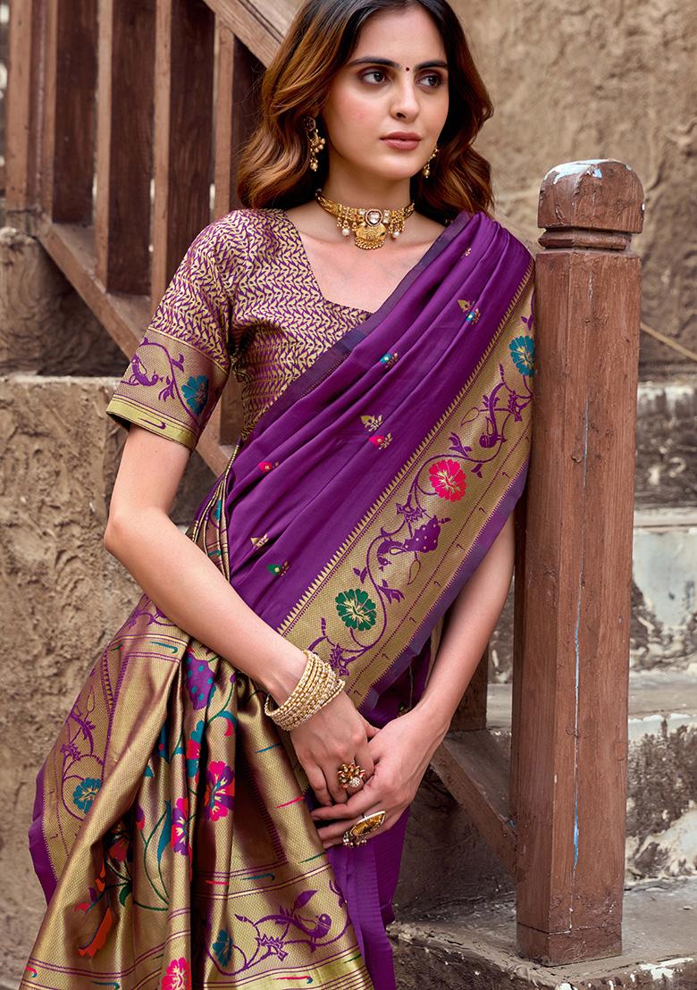 Purple Motif Silk Saree Set - Indya