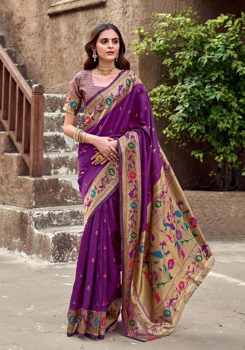 Purple Motif Silk Saree Set