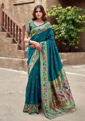Teal Motif Silk Saree Set