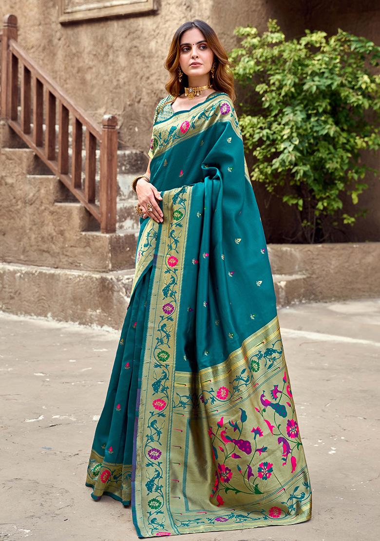 Teal Motif Silk Saree Set - Indya