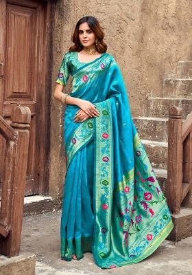 Aqua Blue Motif Silk Saree Set