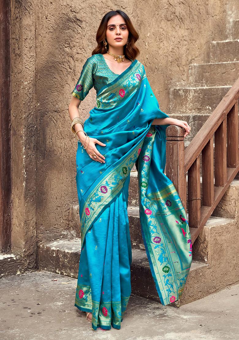 Aqua Blue Motif Silk Saree Set - Indya