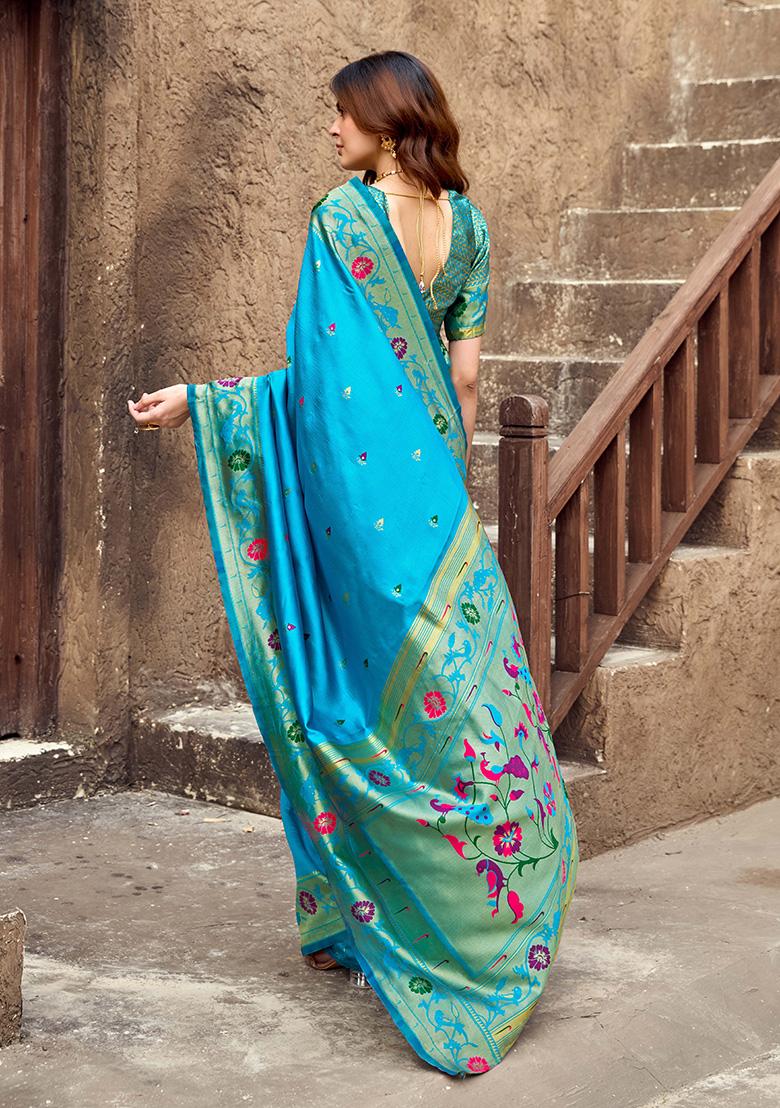 Aqua Blue Motif Silk Saree Set - Indya