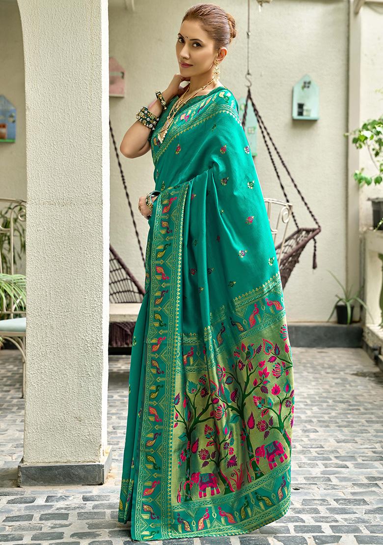 Green Motif Silk Saree Set - Indya