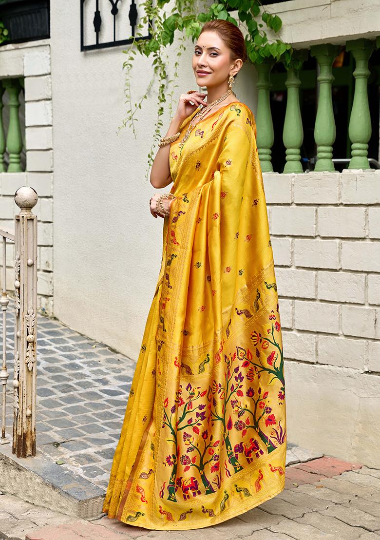 Mustard Motif Silk Saree Set - Indya