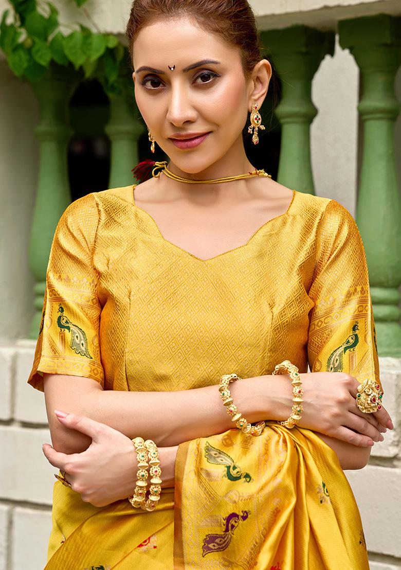Mustard Motif Silk Saree Set - Indya