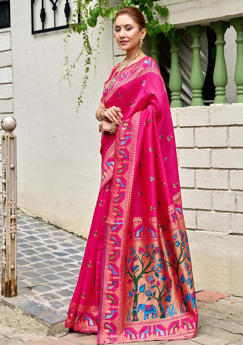 Pink Motif Silk Saree Set - Indya