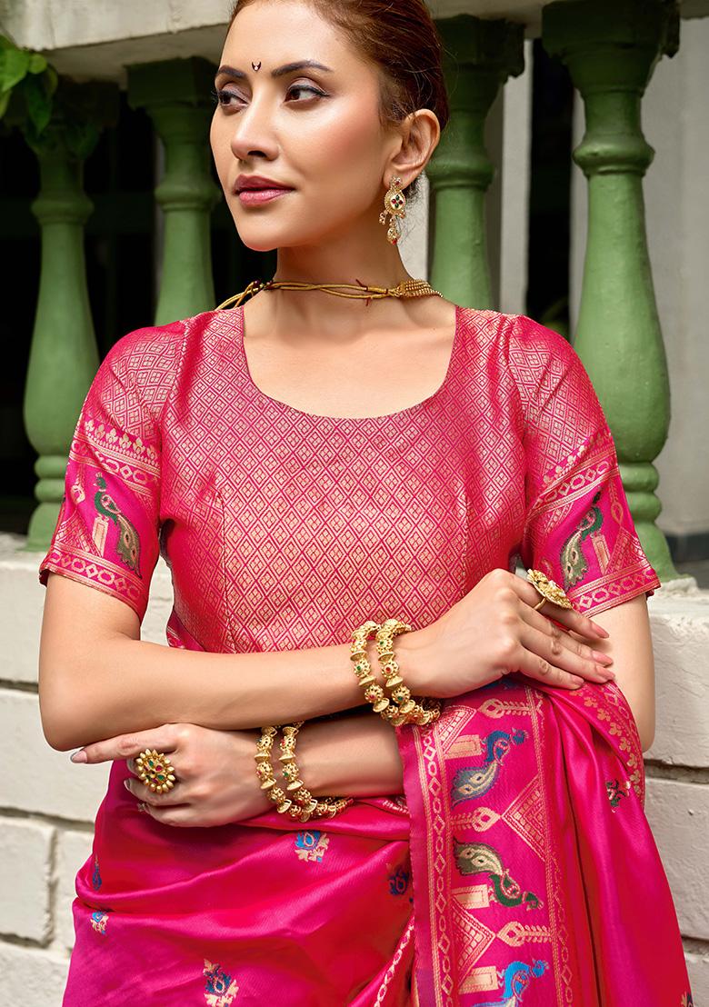 Pink Motif Silk Saree Set - Indya