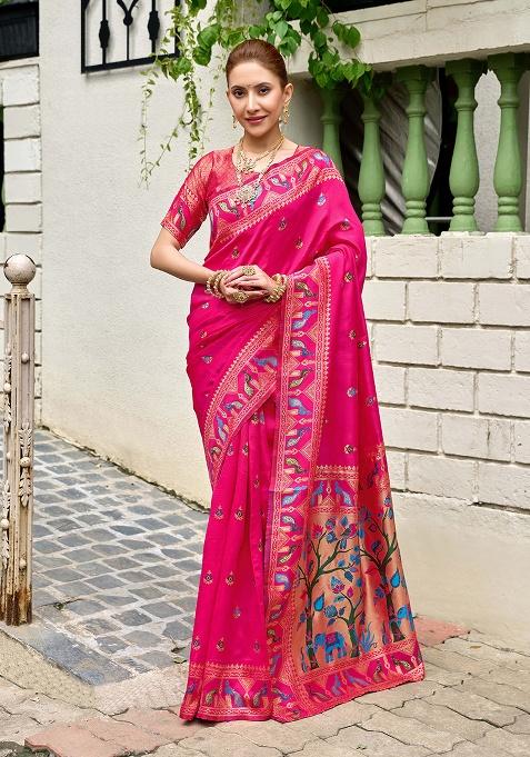 Pink Motif Silk Saree Set