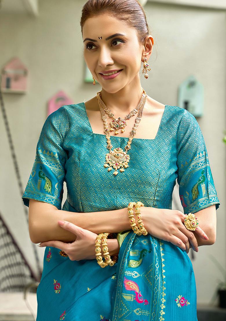 Turquoise Motif Silk Saree Set - Indya