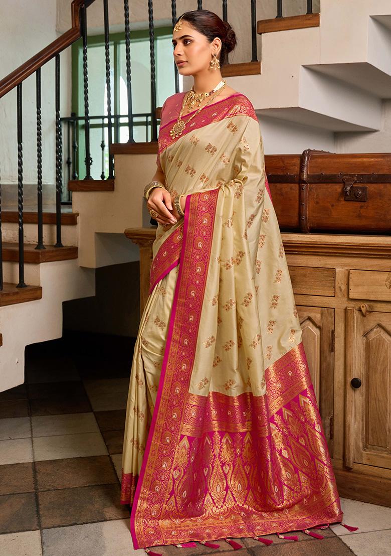 Light Beige Motif Silk Saree Set - Indya