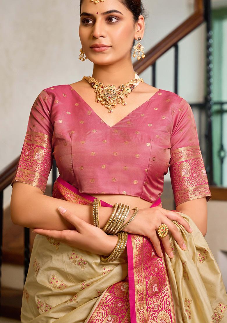 Light Beige Motif Silk Saree Set - Indya