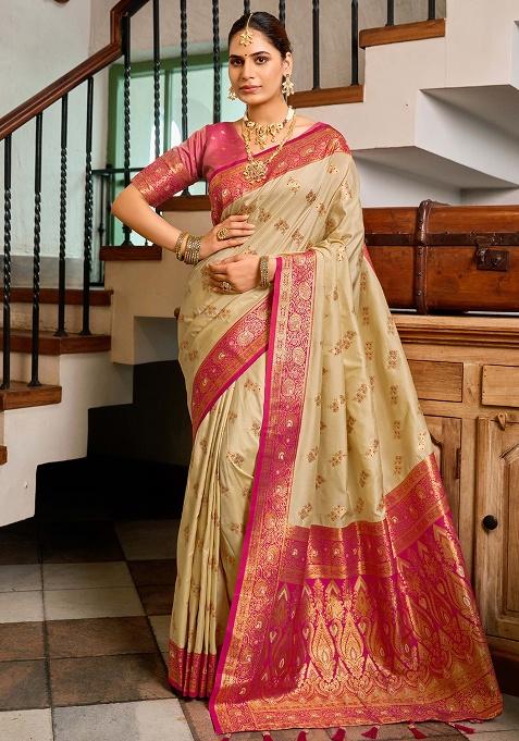 Light Beige Motif Silk Saree Set
