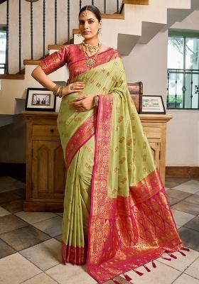 Green Motif Silk Saree Set