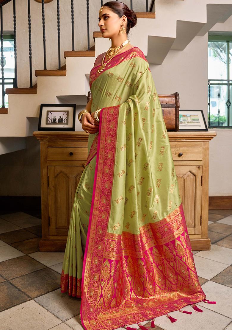 Green Motif Silk Saree Set - Indya