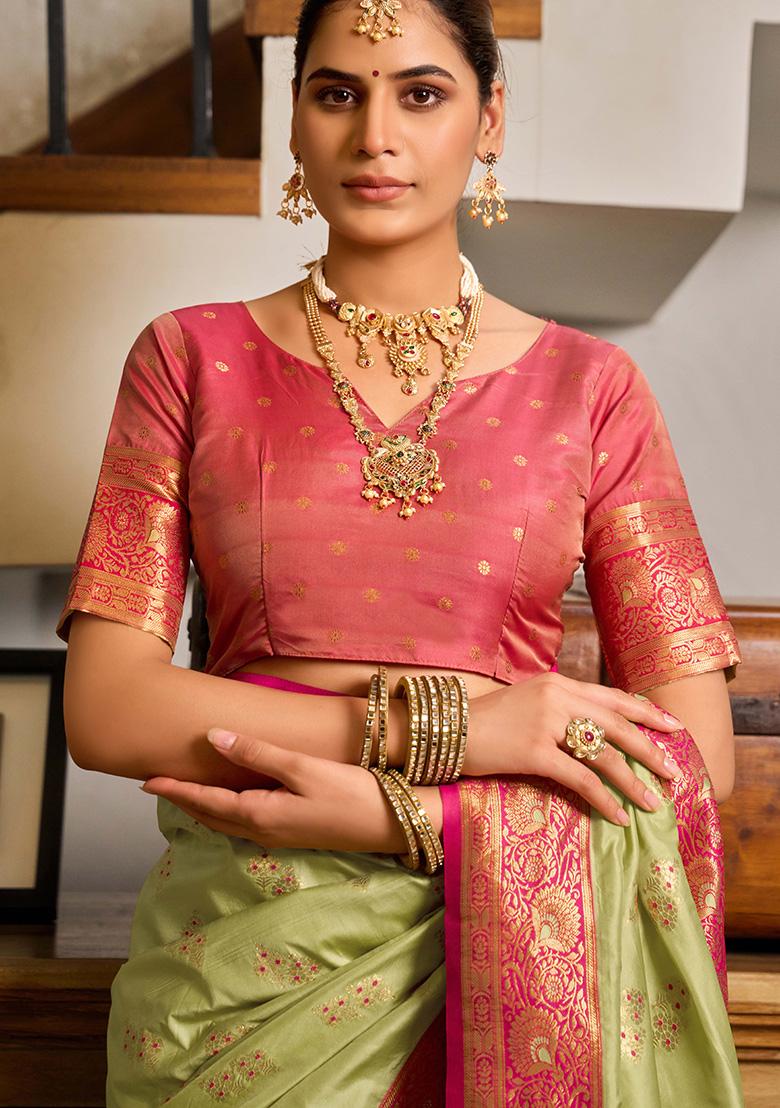 Green Motif Silk Saree Set - Indya