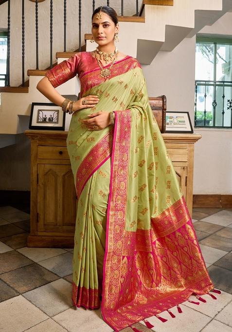Green Motif Silk Saree Set