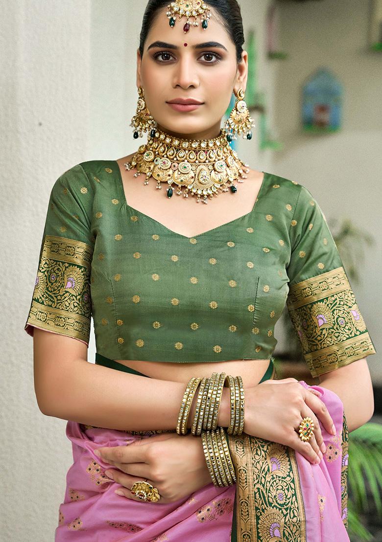 Light Pink Motif Silk Saree Set - Indya