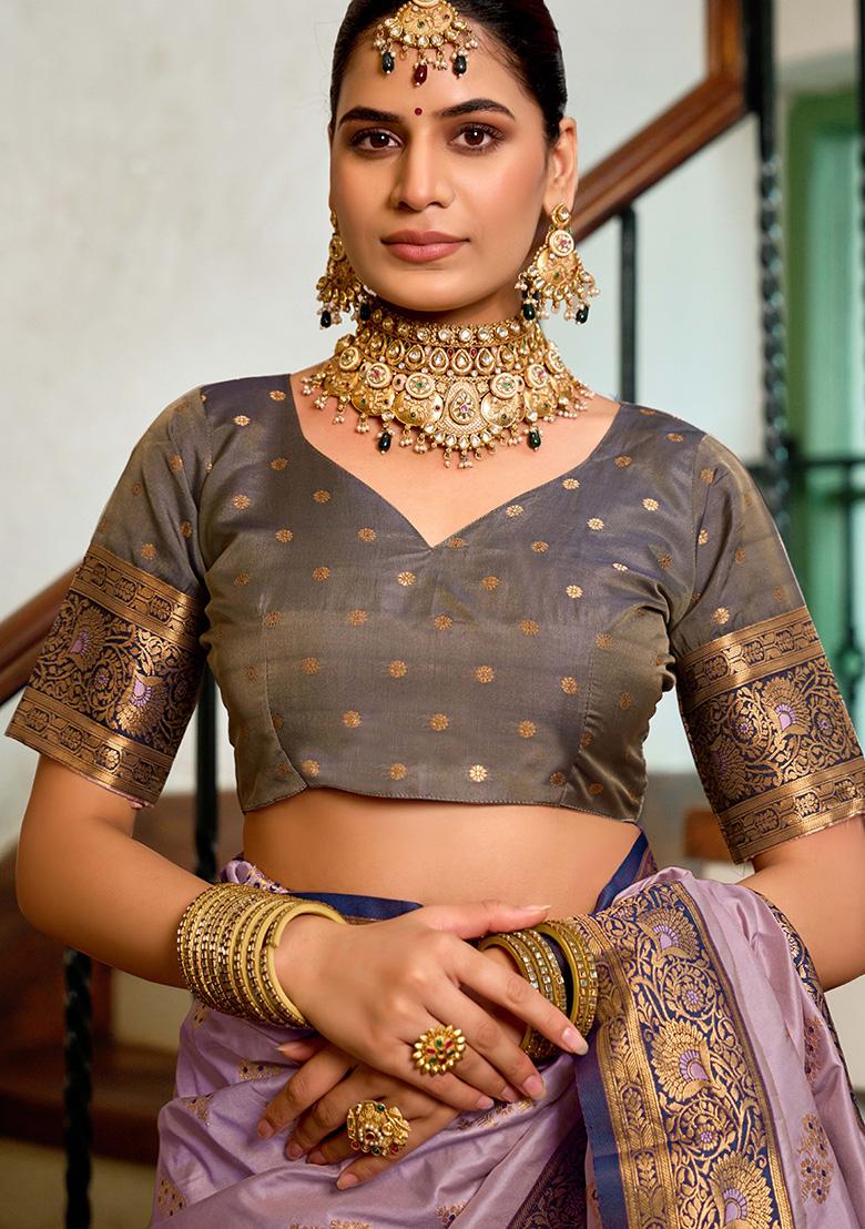 Mauve Motif Silk Saree Set - Indya