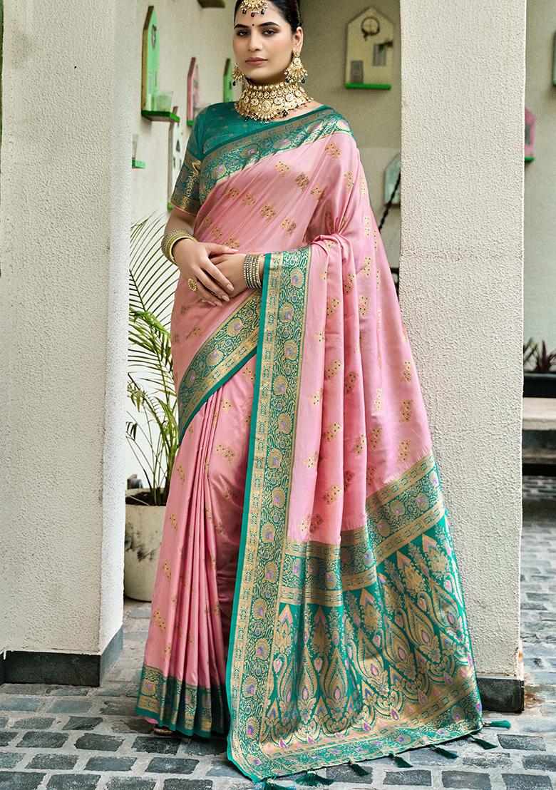 Pink Motif Silk Saree Set - Indya