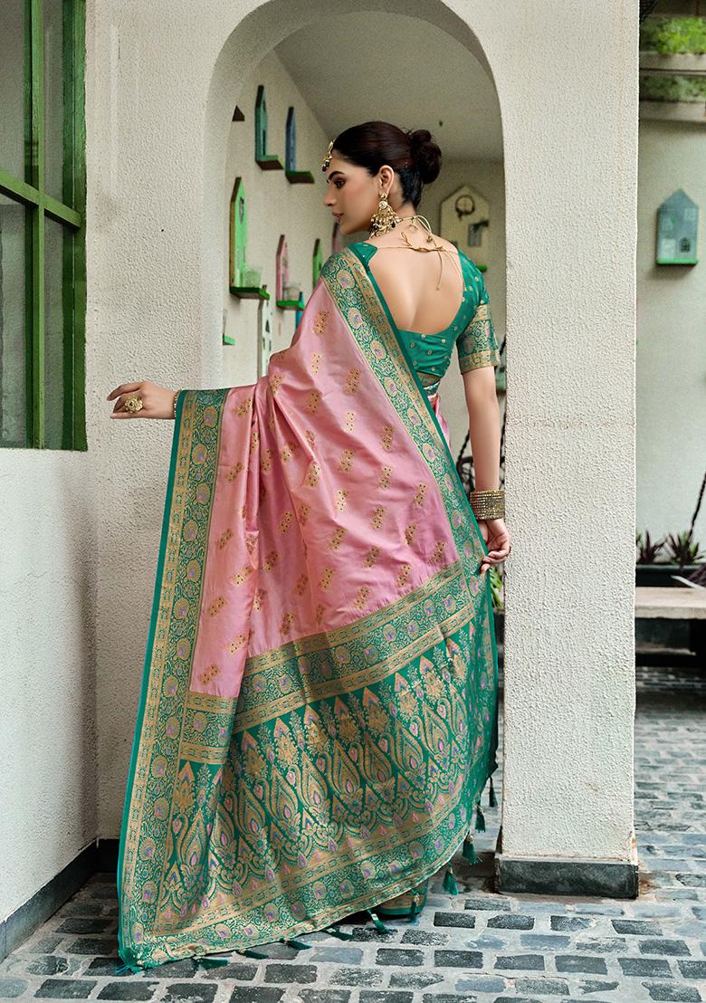 Pink Motif Silk Saree Set - Indya