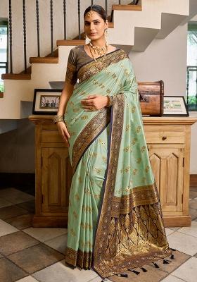Sea Green Motif Silk Saree Set