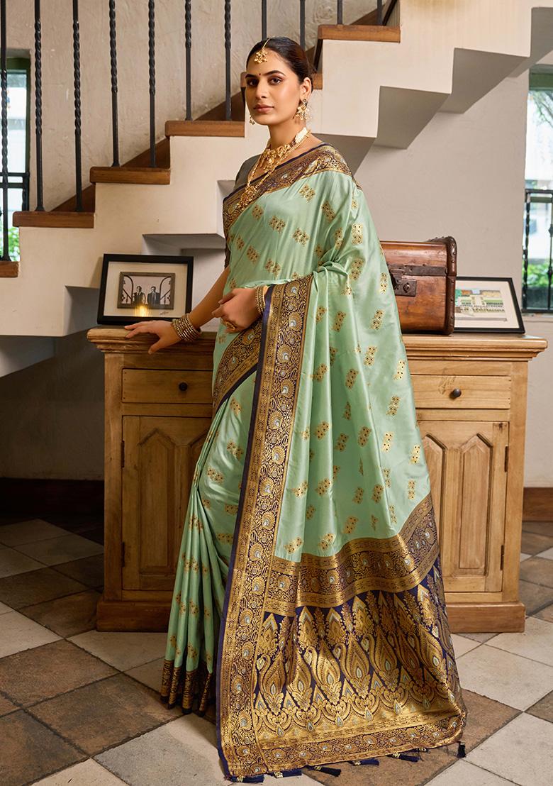 Sea Green Motif Silk Saree Set - Indya