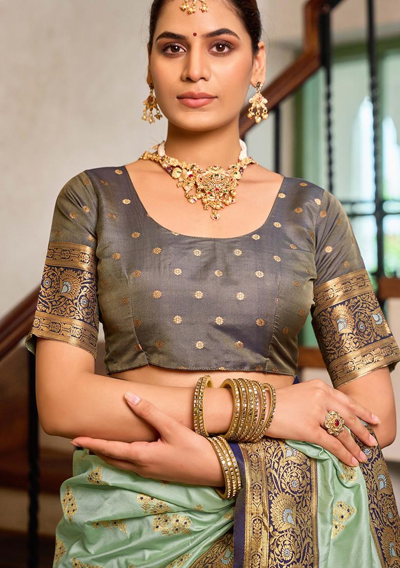 Sea Green Motif Silk Saree Set - Indya