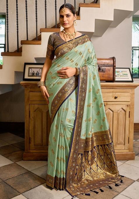 Sea Green Motif Silk Saree Set