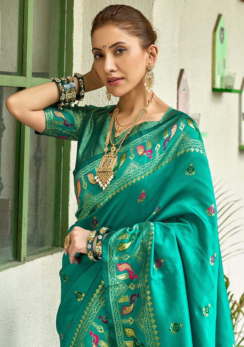 Green Motif Silk Saree Set - Indya