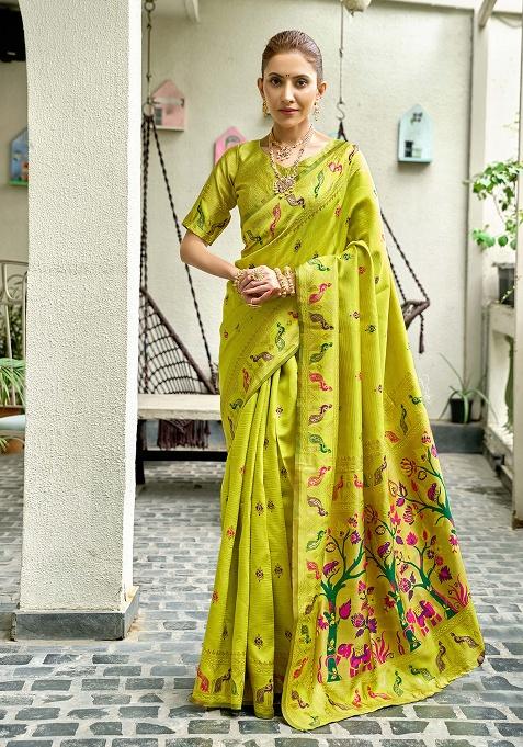 Lime Motif Silk Saree Set
