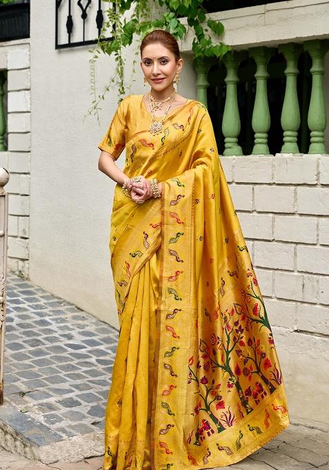 Mustard Motif Silk Saree Set