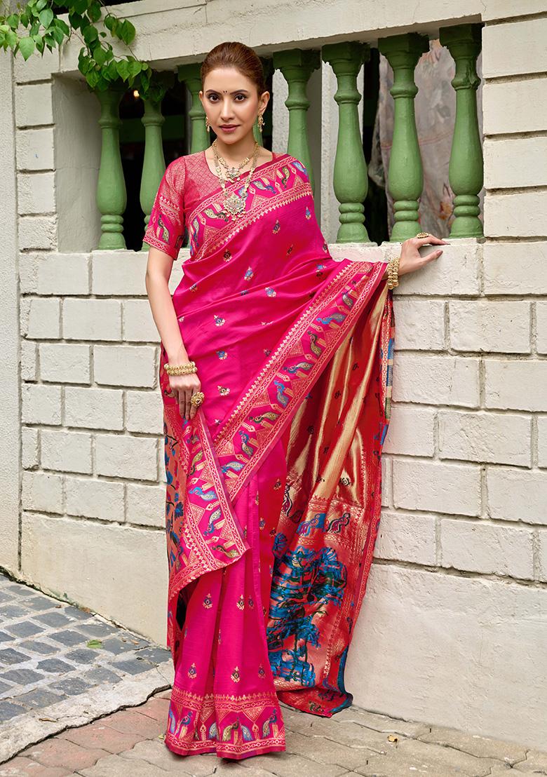 Pink Motif Silk Saree Set - Indya