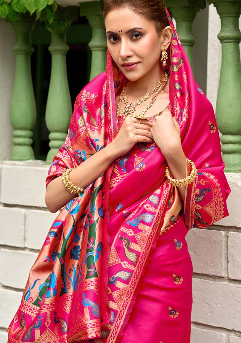 Pink Motif Silk Saree Set - Indya