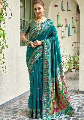 Teal Motif Silk Saree Set