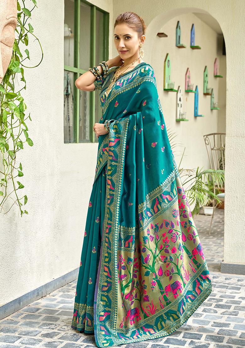 Teal Motif Silk Saree Set - Indya