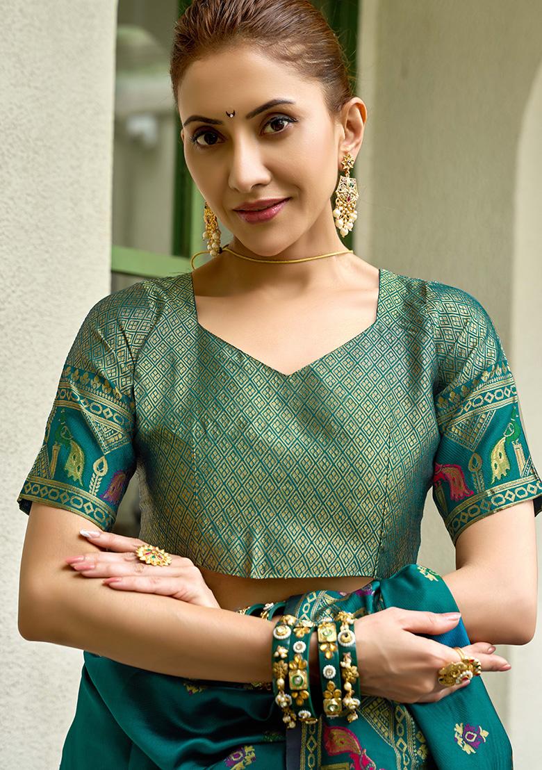 Teal Motif Silk Saree Set - Indya