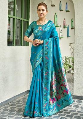 Turquoise Motif Silk Saree Set
