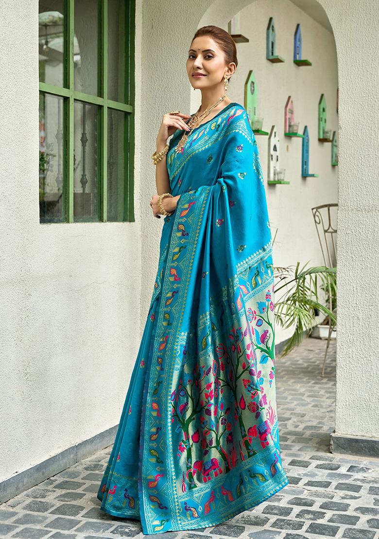 Turquoise Motif Silk Saree Set - Indya