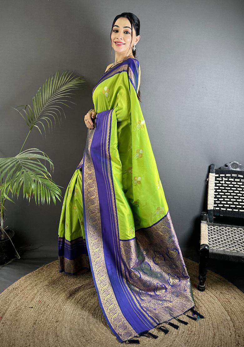 Light Green Woven Silk Saree Set - Indya