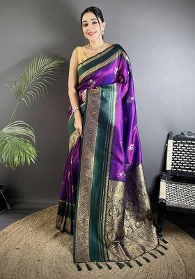 Purple Woven Silk Saree Set