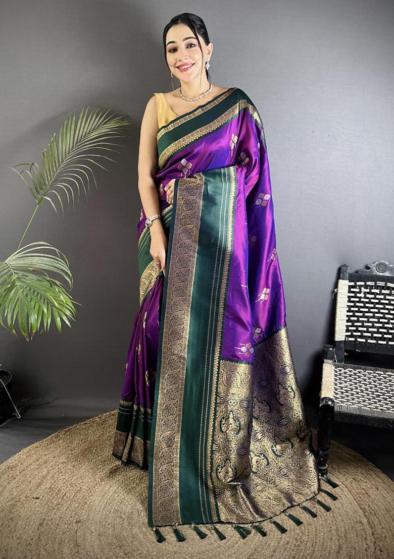 Purple Woven Silk Saree Set - Indya