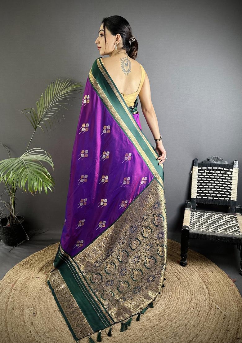 Purple Woven Silk Saree Set - Indya