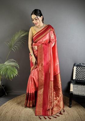 Salmon Pink Woven Silk Saree Set
